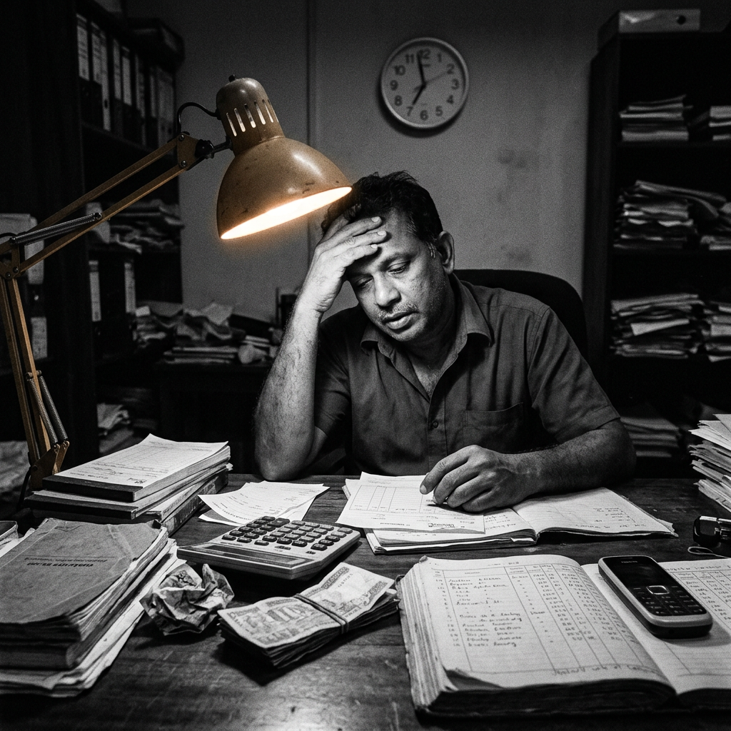 Owner reconciling accounts late at night