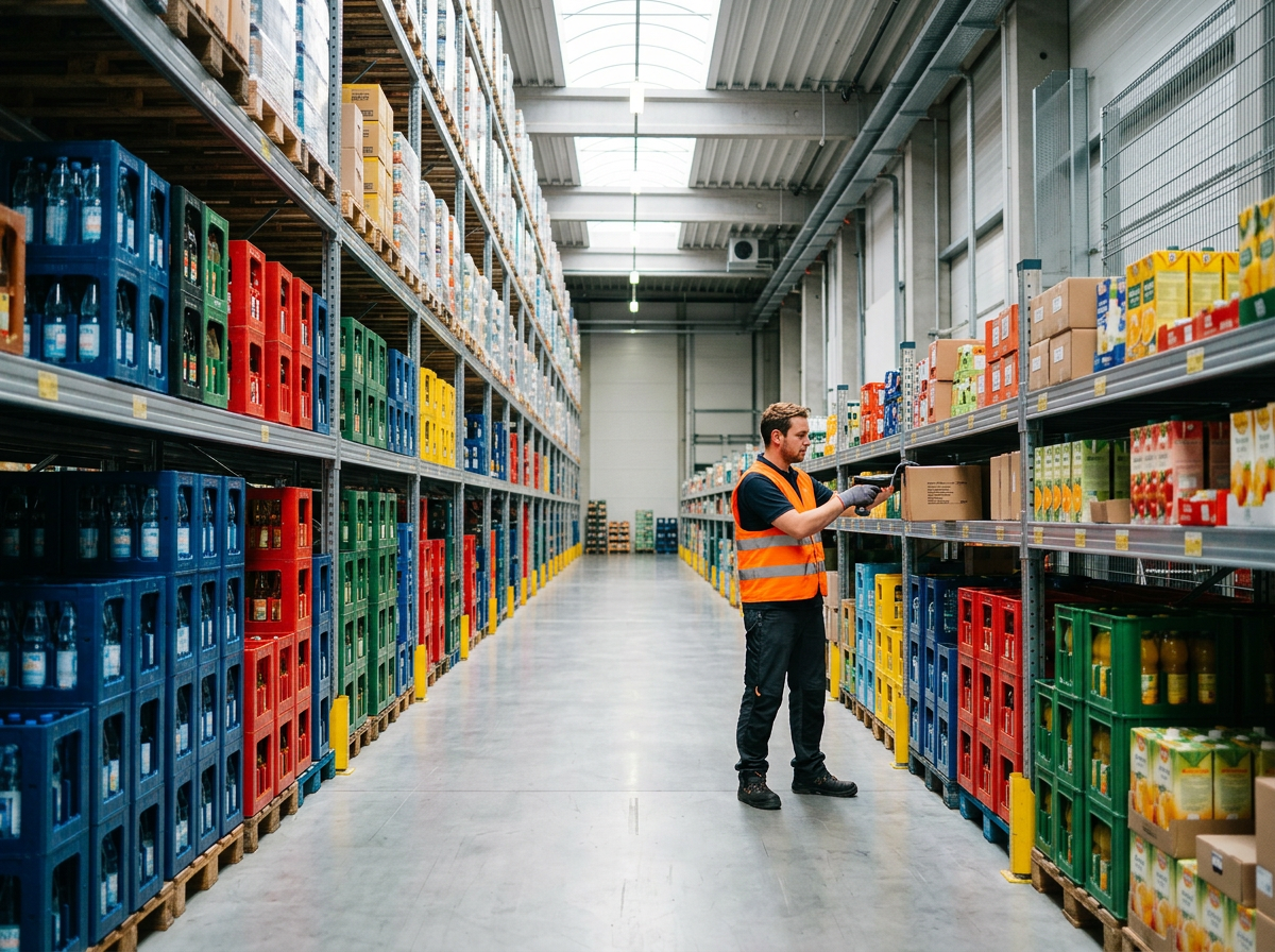 Distribution warehouse with organised stock bays